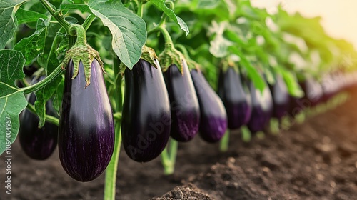 Vibrant eggplant harvest in sunlit garden