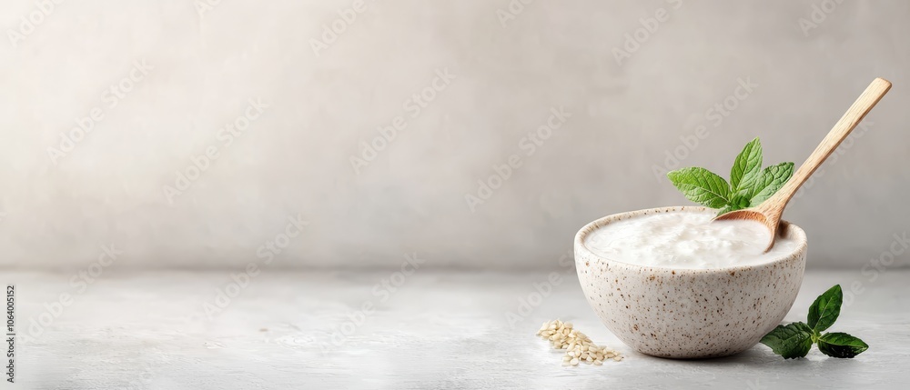 A bowl of yogurt with a wooden spoon in it A bowl of yogurt with a wooden spoon in it