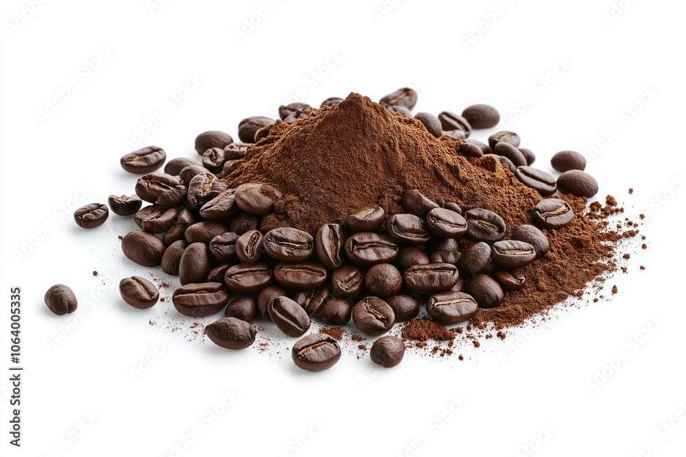 Freshly ground coffee beans in a pile on a white background. Brown coffee beans are scattered and layered, creating texture and depth. Rich aroma of coffee beans fills the air. Freshly ground coffee beans in a pile on a white background. Brown coffee beans are scattered and layered, creating texture and depth. Rich aroma of coffee beans fills the air.