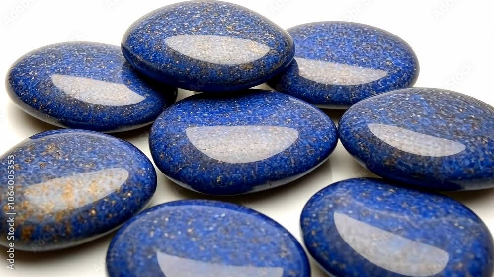 Seven smooth, oval-shaped lapis lazuli stones rest on a white surface Seven smooth, oval-shaped lapis lazuli stones rest on a white surface