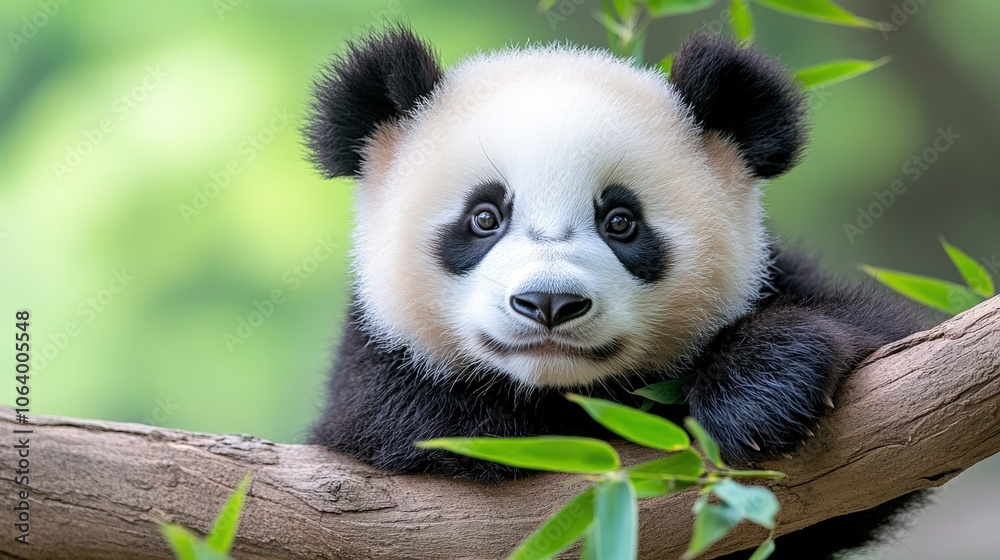 Fototapeta premium Adorable giant panda cub resting on tree branch with green leaves
