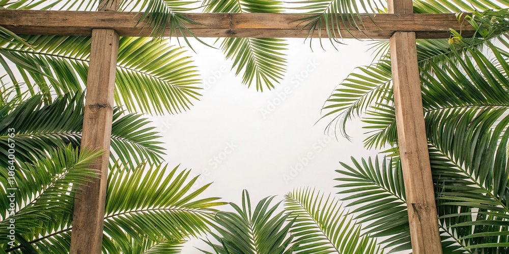 Fototapeta premium Palm leaves in shades of emerald and olive are arranged in a circular pattern on a wooden frame like a work of art, leafy greens, palm leaves
