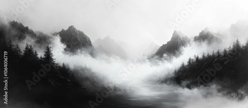 A serene black-and-white landscape featuring mountains and mist over a calm body of water.