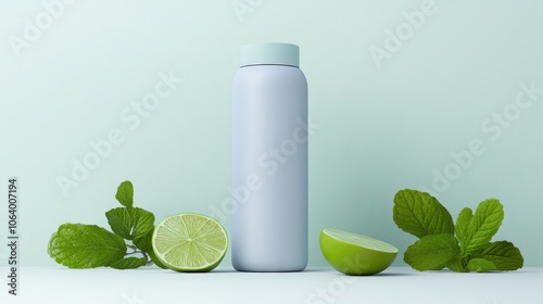 Minimalistic water bottle with fresh lime and mint on a pastel green background