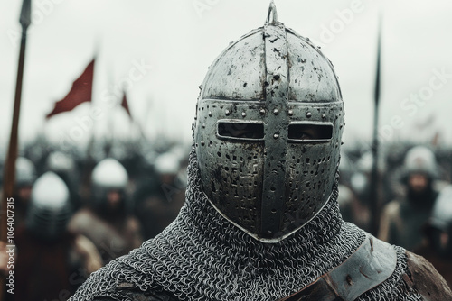 Front view of medieval knight in chainmail helmet with blurred group of knights standing on battlefield in background