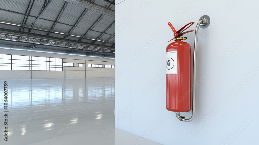 Industrial Safety: Red Fire Extinguisher in a Spacious Modern Warehouse Industrial Safety: Red Fire Extinguisher in a Spacious Modern Warehouse