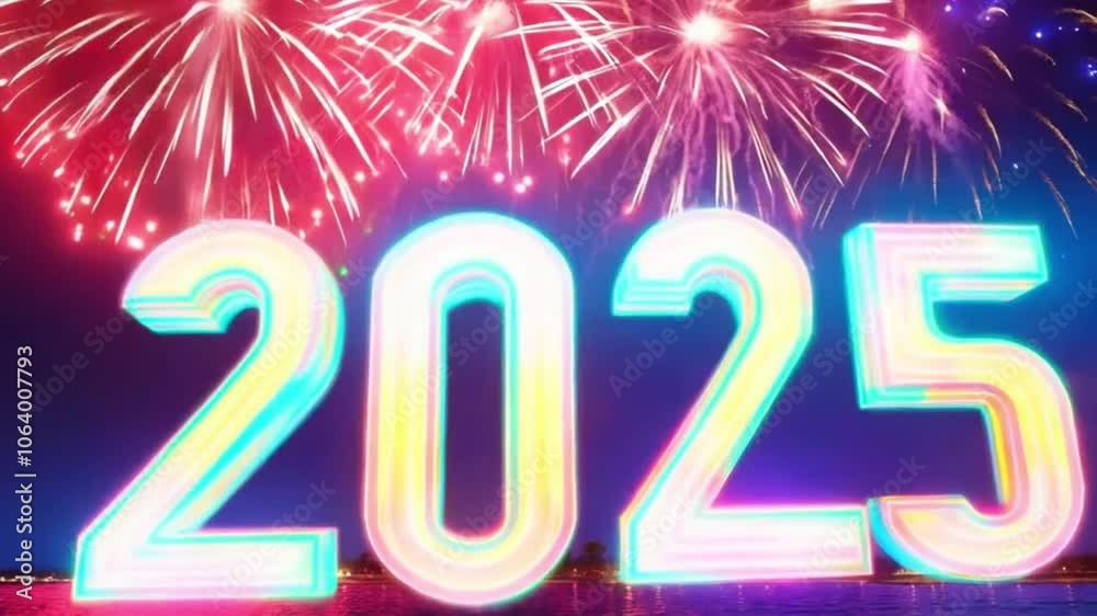 Digital artwork of '2025' in glowing text with dynamic fireworks display filling the background Digital artwork of '2025' in glowing text with dynamic fireworks display filling the background