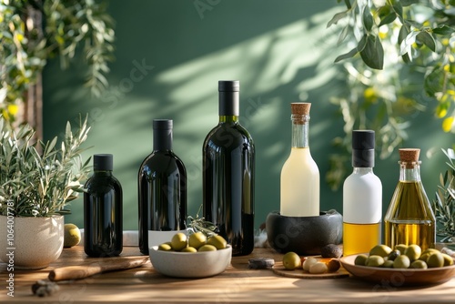 Wallpaper Mural Elegant arrangement of olive oil bottles with olives and leaves against a green background Torontodigital.ca