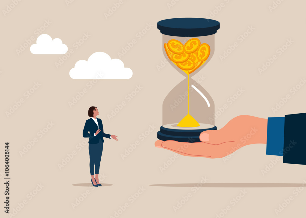 Money in sandglass. Multitasking, productivity and time management concept. Recession or financial loss concept. Modern vector illustration in flat style Money in sandglass. Multitasking, productivity and time management concept. Recession or financial loss concept. Modern vector illustration in flat style