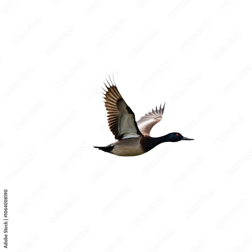 Obraz premium Duck in flight with spread wings, oriented to right side. transparent background. Head, beak visible, suggesting altitude, freedom, flying, bird, wildlife, nature, outdoors, waterfowl, waterbird, Png.