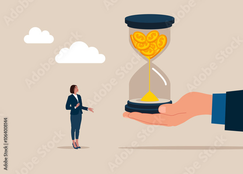 Money in sandglass. Multitasking, productivity and time management concept. Recession or financial loss concept. Modern vector illustration in flat style