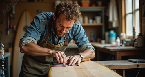 Surfboard shaper sanding a custom board in a workshop, capturing the craftsmanship and culture of surf sports. photo