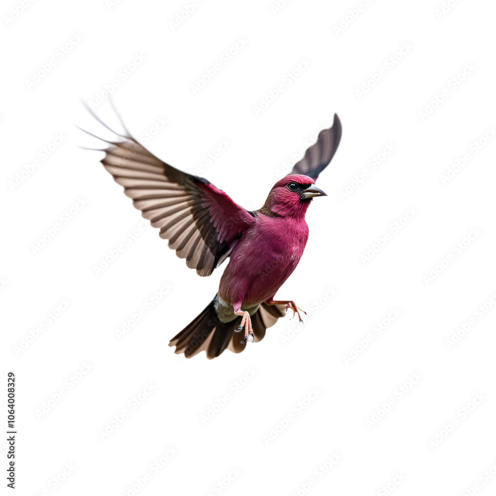 Obraz premium Purple finch flying on isolated transparent background. Bird in full flight with red body, spread wings, and dynamic pose. Background contrast highlights bird beauty. Alpha mask cut out png.
