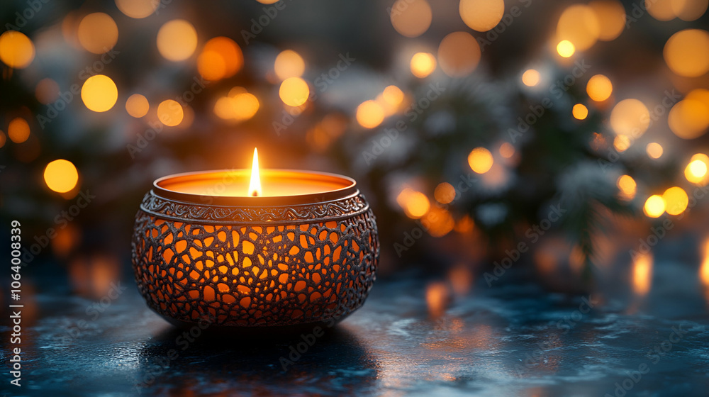A beautifully lit candle in an ornate holder, surrounded by glowing bokeh lights, creating a warm and inviting atmosphere. A beautifully lit candle in an ornate holder, surrounded by glowing bokeh lights, creating a warm and inviting atmosphere.