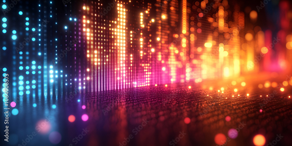 A vibrant display of colorful lights resembling a digital wave pattern, suggesting sound frequencies or a lively audio-visual experience. A vibrant display of colorful lights resembling a digital wave pattern, suggesting sound frequencies or a lively audio-visual experience.