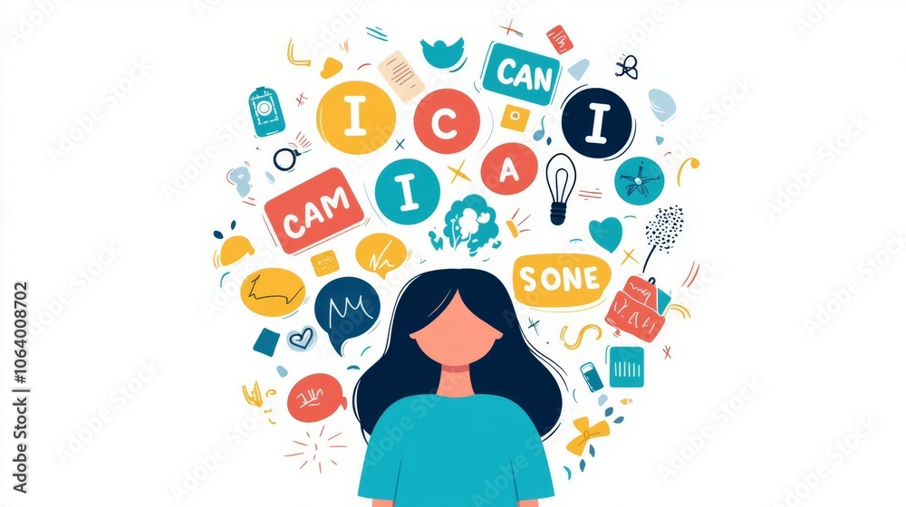 A vibrant illustration of a woman surrounded by motivational words, representing self-belief and positivity in a creative way. A vibrant illustration of a woman surrounded by motivational words, representing self-belief and positivity in a creative way.