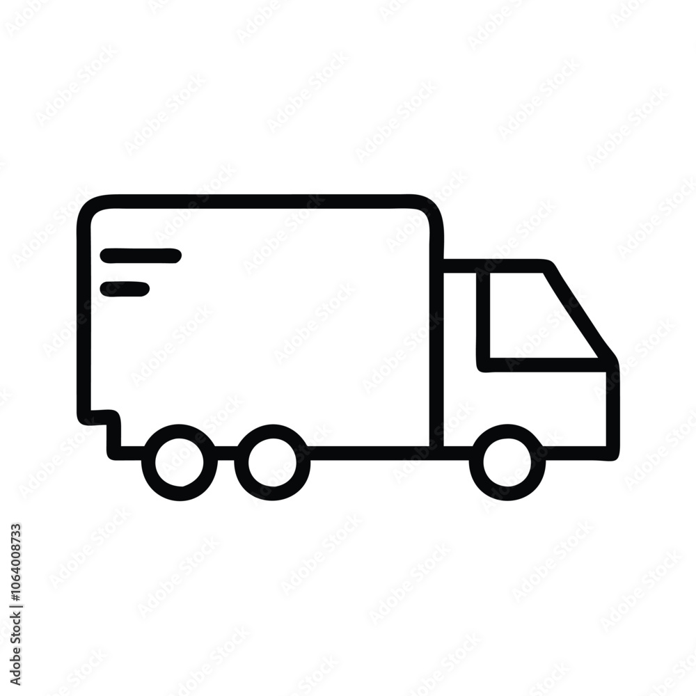 Basic delivery truck icon in black outline, Minimalistic black outline of a delivery truck, symbolizing transportation, shipping, and logistics services in a simple design.
Basic delivery truck icon in black outline, Minimalistic black outline of a delivery truck, symbolizing transportation, shipping, and logistics services in a simple design.