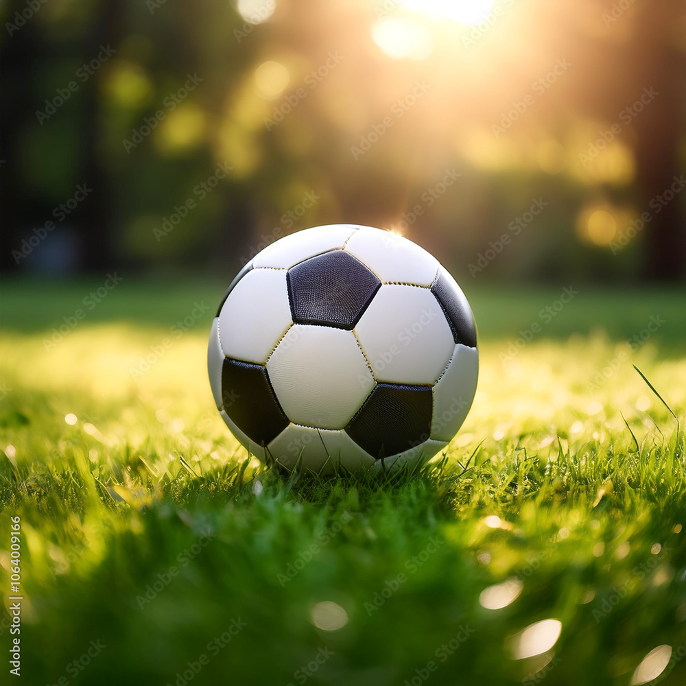 Fototapeta premium soccer ball on grass with blur green bokeh background