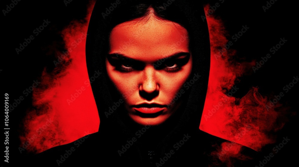 Fototapeta premium A striking, dark portrait featuring a woman in a hood, with intense eyes set against a dramatic red smoky background.