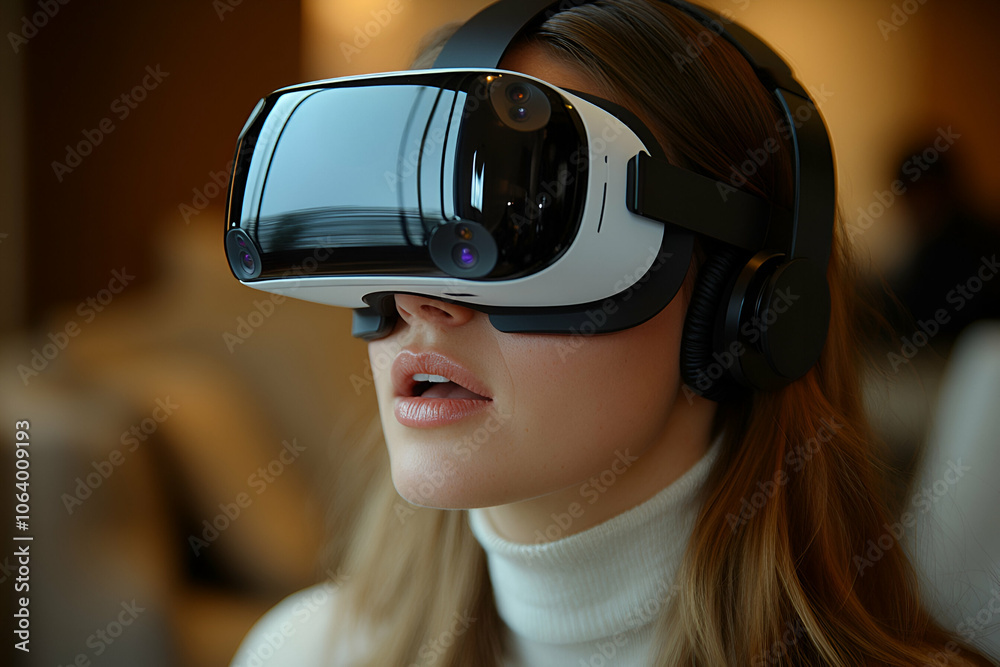 A woman experiences virtual reality through a headset, immersed in a digital world, showcasing technology's impact on engagement and entertainment. A woman experiences virtual reality through a headset, immersed in a digital world, showcasing technology's impact on engagement and entertainment.