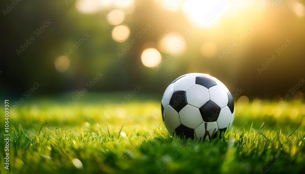 Fototapeta premium soccer ball on grass with blur green bokeh background