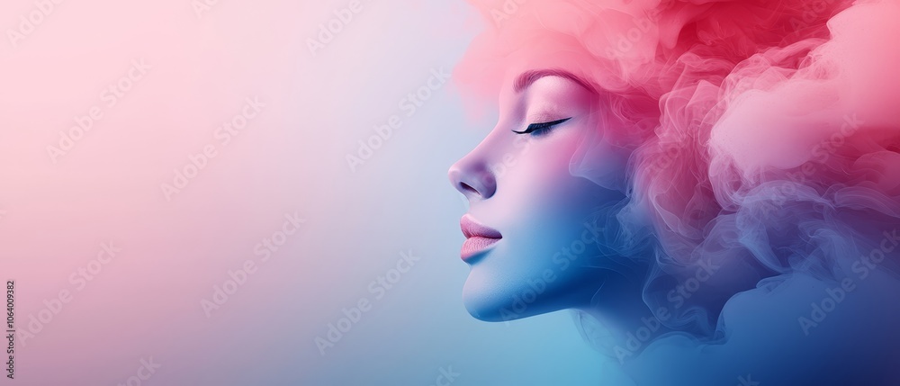 A woman's face with pink and blue smoke coming out of her hair A woman's face with pink and blue smoke coming out of her hair