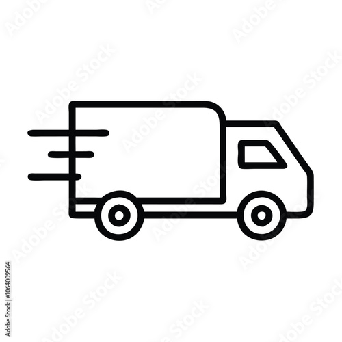 Simple delivery van icon with motion lines, Black and white outline of a delivery van with motion lines, representing fast shipping, transportation, and logistics services.
