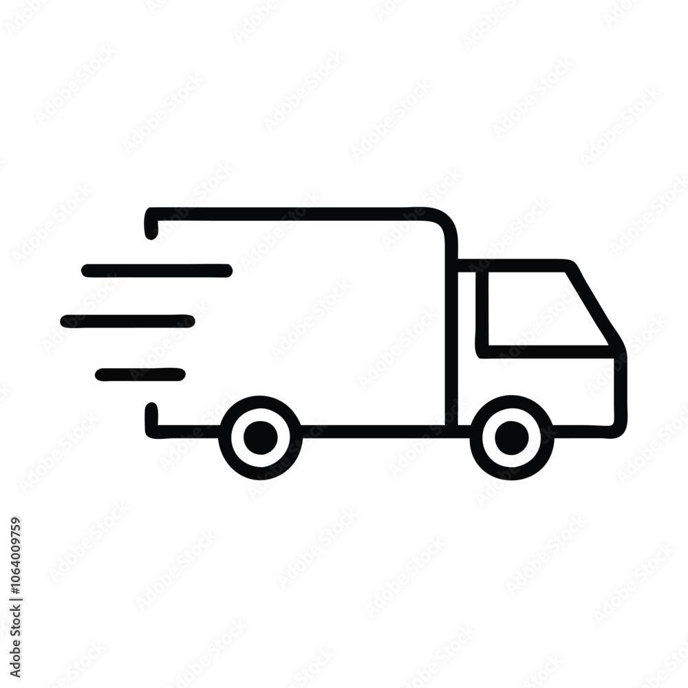 Simple delivery van icon with motion lines, Black and white outline of a delivery van with motion lines, representing fast shipping, transportation, and logistics services.
Simple delivery van icon with motion lines, Black and white outline of a delivery van with motion lines, representing fast shipping, transportation, and logistics services.