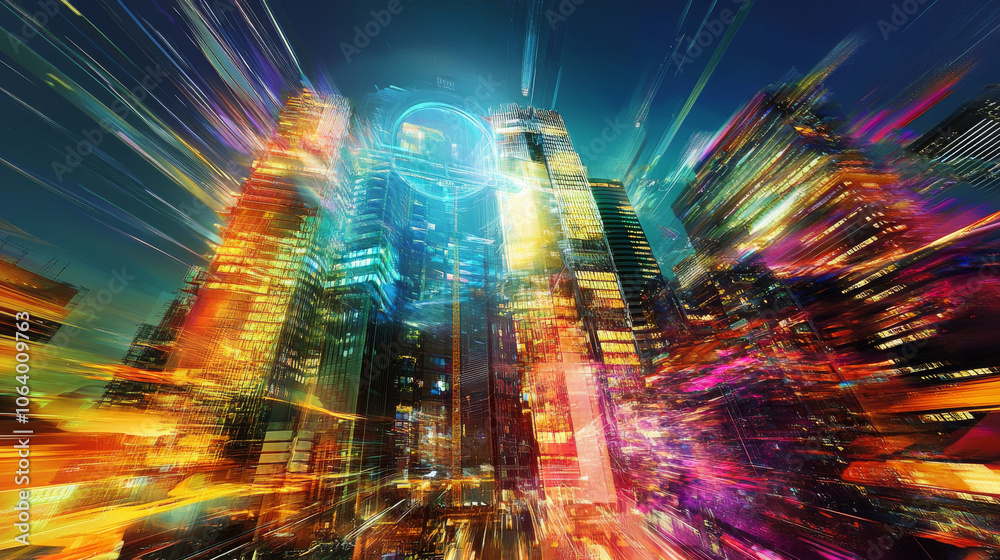 Obraz premium Futuristic Cityscape: Quantum Teleportation, Vibrant Skyscrapers, Night Lights