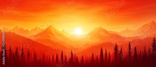 A red sunset over a mountain range with trees in the foreground