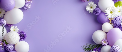 A bunch of white and purple easter eggs and flowers on a purple background