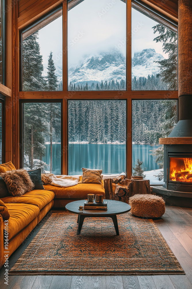 Fototapeta premium Cozy cabin interior with a view of a snowy landscape through large windows, featuring a warm fireplace and comfortable seating.