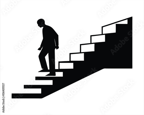 Black Silhouette of a Person Walking Down a Staircase Icon, Perfect for Fitness, Movement, Progress, and Personal Growth Design Projects. Vector Illustration.