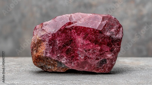 Raw red ruby gemstone on gray surface displaying natural mineral elegance photo