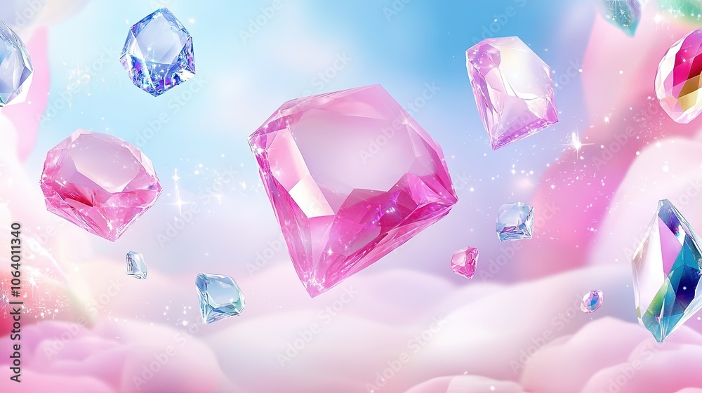 Floating gemstones in dreamy sky with soft pastel clouds and sparkling light Floating gemstones in dreamy sky with soft pastel clouds and sparkling light