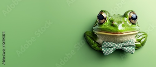 A green frog wearing a bow tie on a green background