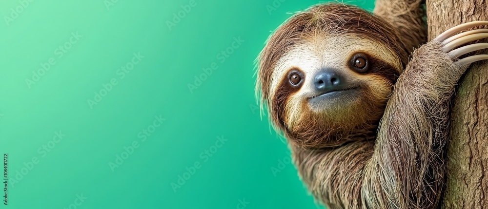 Fototapeta premium A sloth hanging from a tree branch on a green background