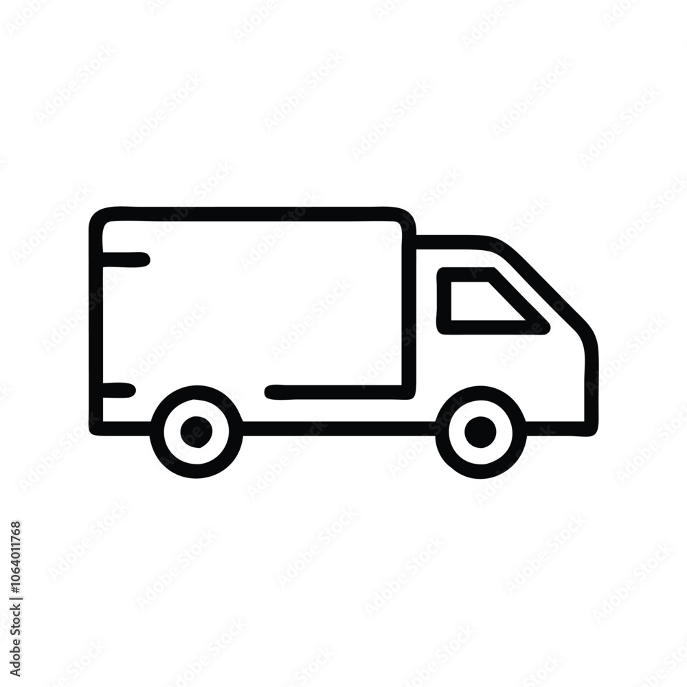 Basic delivery truck icon in black outline, Minimalistic black outline of a delivery truck, symbolizing transportation, shipping, and logistics services in a simple design.
Basic delivery truck icon in black outline, Minimalistic black outline of a delivery truck, symbolizing transportation, shipping, and logistics services in a simple design.