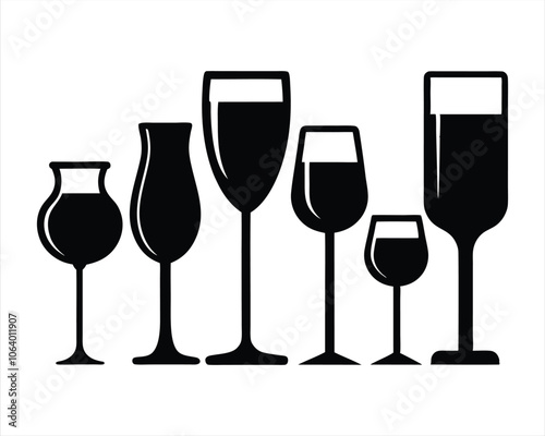 Black Silhouette of Different Filled Wine Glasses Icon Set, Perfect for Wine Tasting, Bar Designs, Beverage Menus, and Culinary Themed Projects. Vector Illustration.