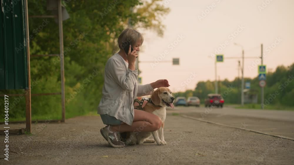 Woman squatting outdoors with brown dog between legs while talking on phone, leash in hand, relaxed scene near rural road with cars passing by, green trees in background Woman squatting outdoors with brown dog between legs while talking on phone, leash in hand, relaxed scene near rural road with cars passing by, green trees in background
