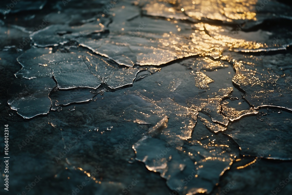 Cracked ice fragments on a dark surface, illuminated by warm sunlight, creating a shimmering, reflective texture. The contrast of cold blue and golden hues evokes a sense of winter beauty and fragilit Cracked ice fragments on a dark surface, illuminated by warm sunlight, creating a shimmering, reflective texture. The contrast of cold blue and golden hues evokes a sense of winter beauty and fragilit