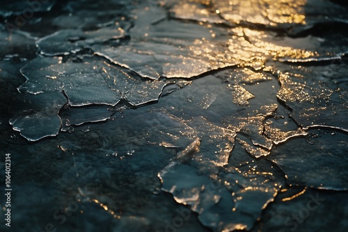 Cracked ice fragments on a dark surface, illuminated by warm sunlight, creating a shimmering, reflective texture. The contrast of cold blue and golden hues evokes a sense of winter beauty and fragilit photo