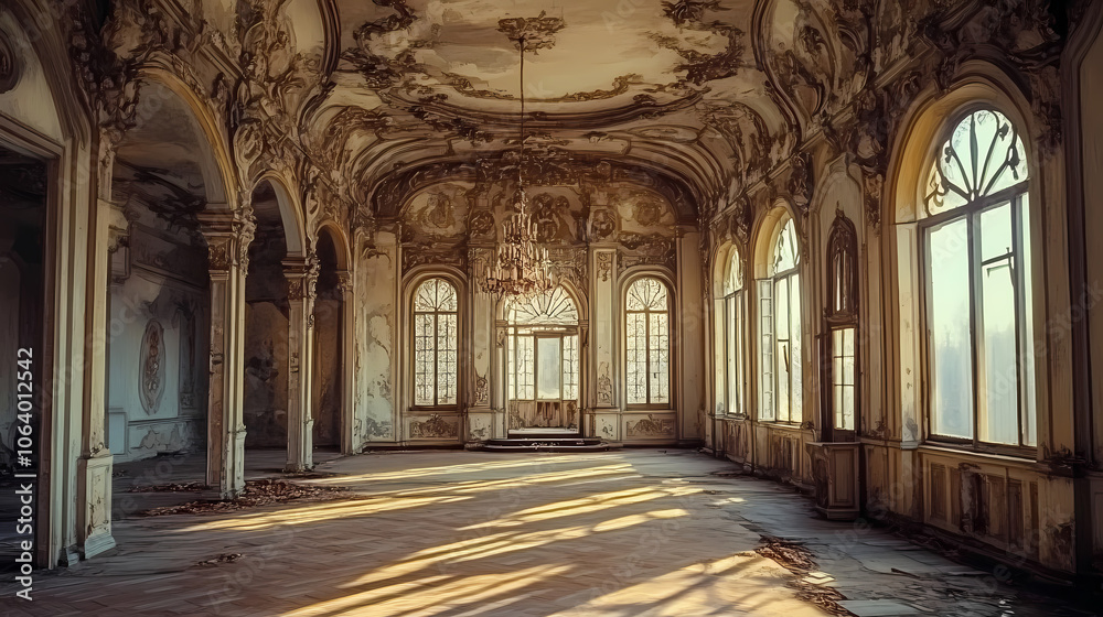 Fototapeta premium Inside the palace of abandoned magnificent castle. Victorian Ballroom. Illustration