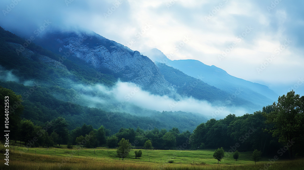 Naklejka premium Misty Mountain Range Landscape: Serene Blue Fog, Green Valley, Majestic Peaks
