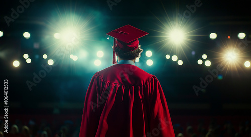 graduado com beca e boné vermelhos fica de frente para o palco, iluminado por luzes brilhantes durante uma cerimônia de formatura photo