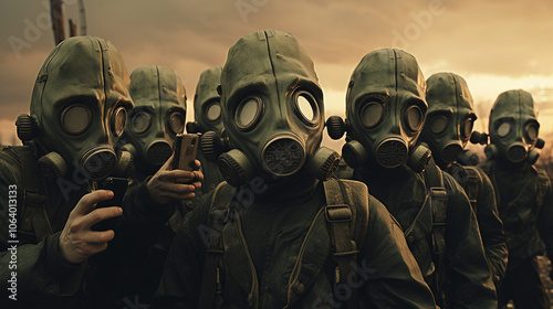People in gas masks posing for the camera and taking selfies. Concept of social media during an apocalypse.
