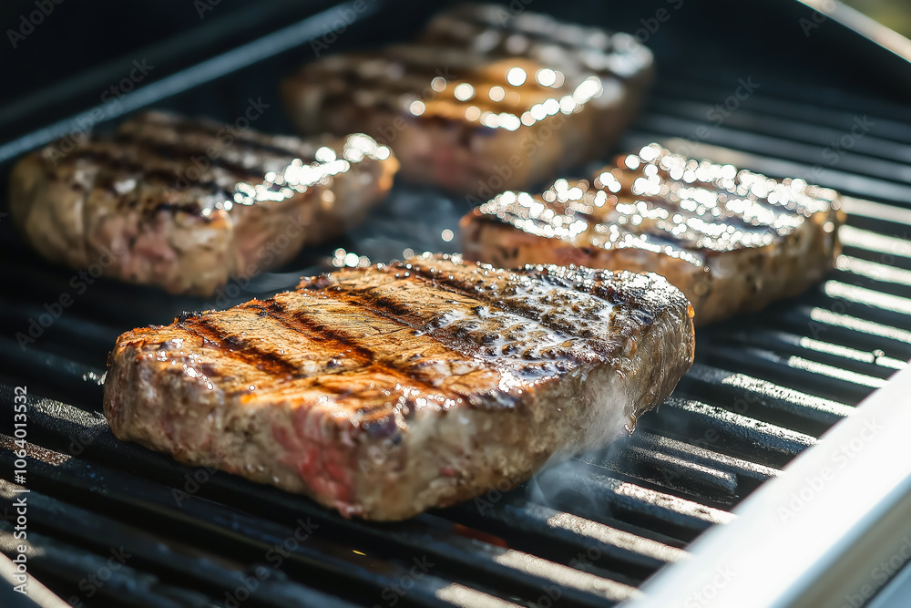 Close-up of juicy steaks grilling on a barbecue with smoke rising; concept of outdoor cooking, grilling, and summer meals Close-up of juicy steaks grilling on a barbecue with smoke rising; concept of outdoor cooking, grilling, and summer meals