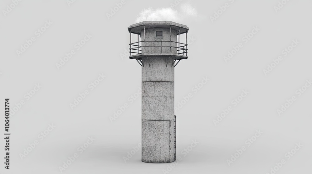 Concrete Watchtower with Smoke on a Gray Background Concrete Watchtower with Smoke on a Gray Background