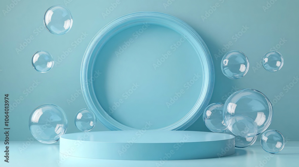 Podium with bubbles on blue background Podium with bubbles on blue background