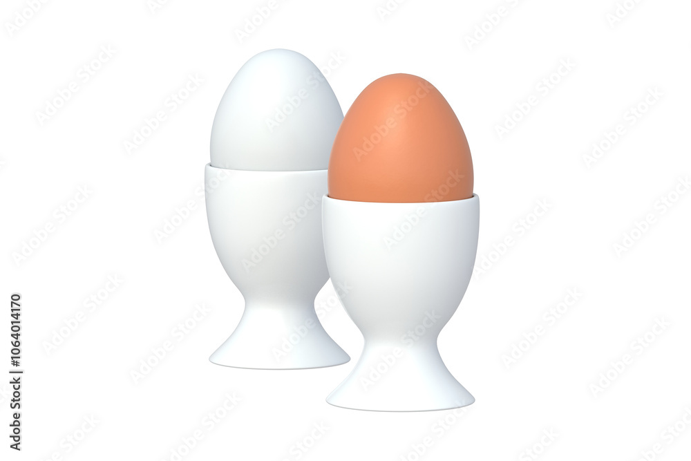 Two eggs in holders isolated on white background. Natural food. Kitchen utensils. 3d render Two eggs in holders isolated on white background. Natural food. Kitchen utensils. 3d render